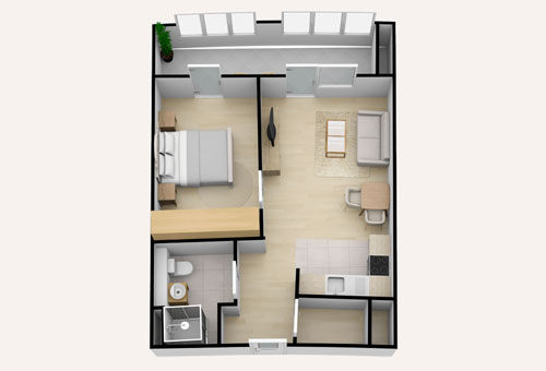 Grundriss 2-Zimmer-Apartment_offeneKueche
