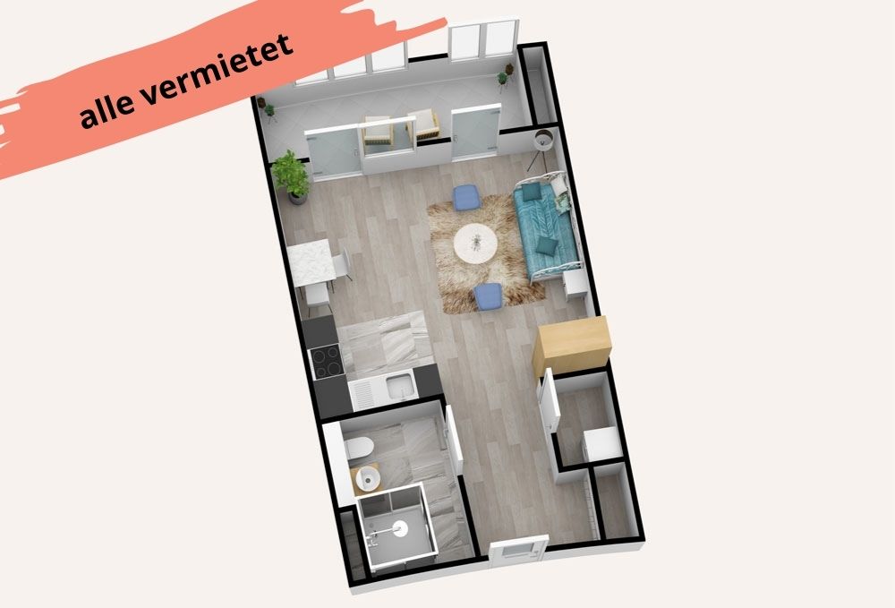 Verfügbarkeit des Grundriss der 1-Zimmer-Wohnung, barrierefrei mit großzügigem Wohn-/Schlaf-, Ess- und Kochbereich, Duschbad, Abstellkammer und Wintergarten