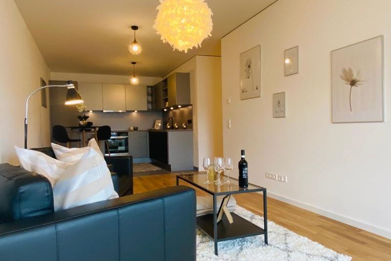 Blick in das Wohnzimmer und die Küche des Wohnungstypen 6 von TUTliving by Shoofs